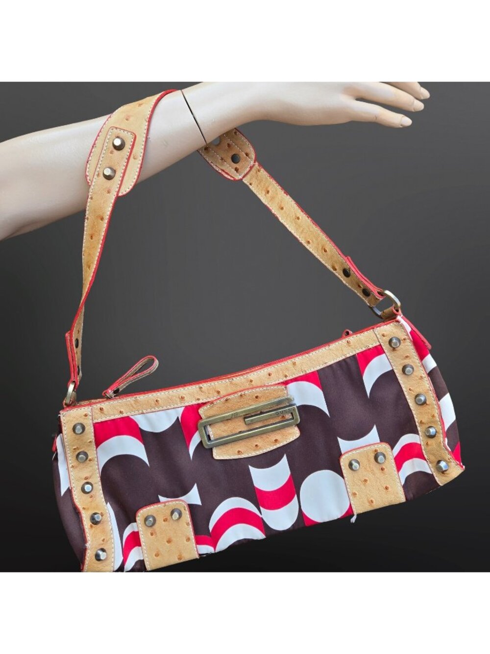 Vintage Y2K GUESS Shoulder Bag Brown Studded Mod Retro Print Satin Faux Ostrich